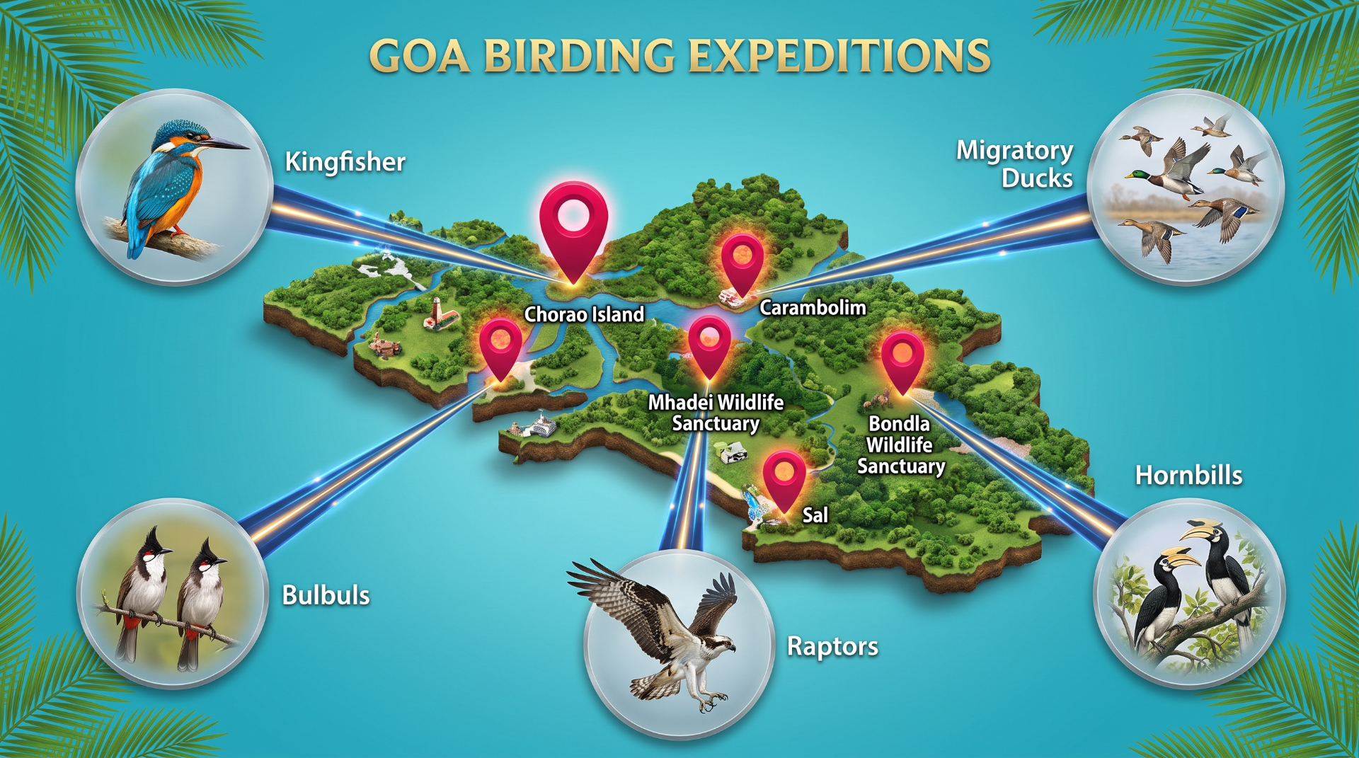 Goa birding expeditions map — kingfishers, hornbills, migratory ducks, raptors and bulbuls across Chorao Island, Carambolim, Mhadei and Bondla Wildlife Sanctuaries